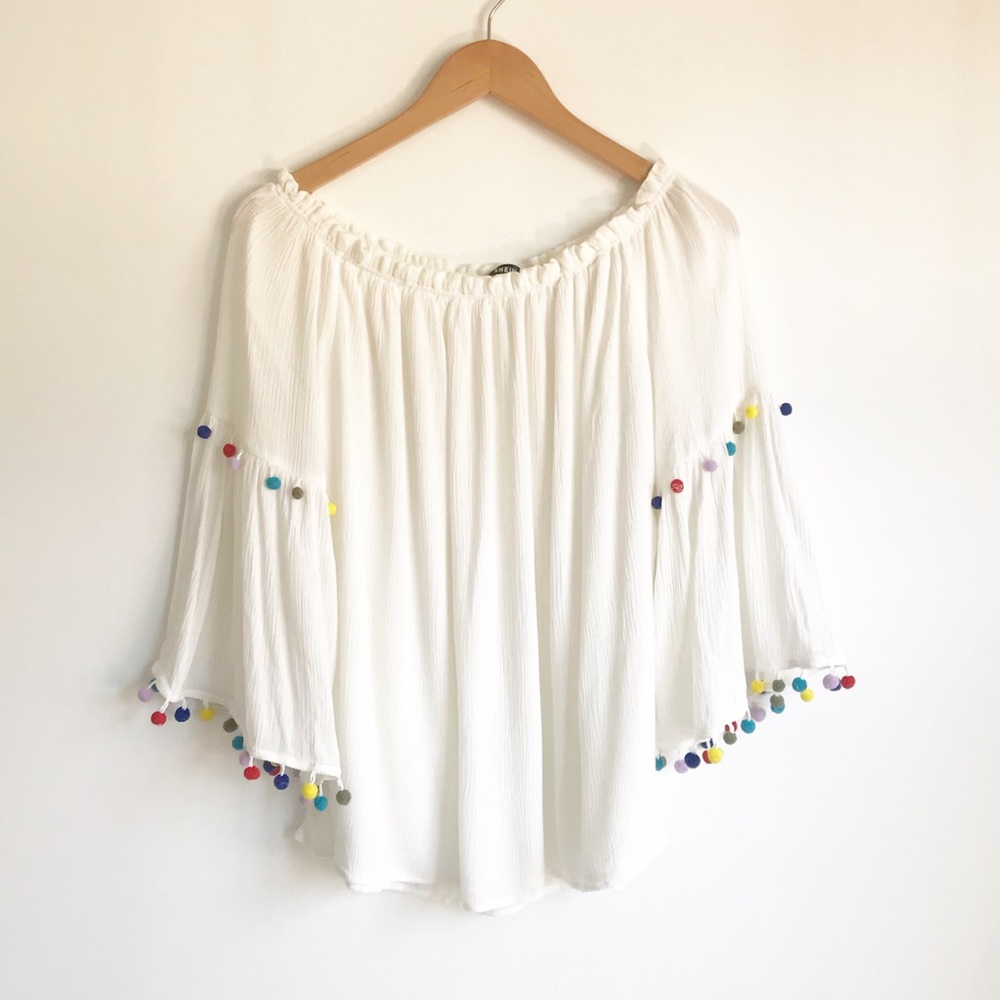 SHEIN White Pom Pom Boho Off Shoulder Blouse